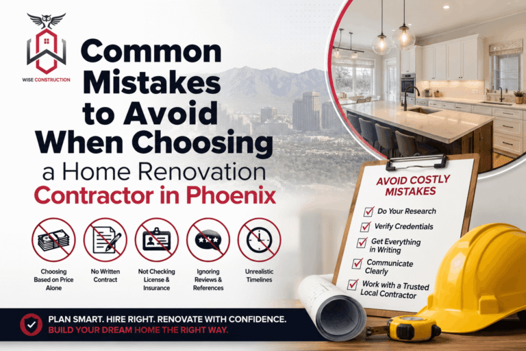 Common Mistakes to Avoid When Choosing a Home Renovation Contractor in Phoenix infographic by Wise Construction featuring contractor hiring tips, kitchen renovation, and home remodeling guidance.