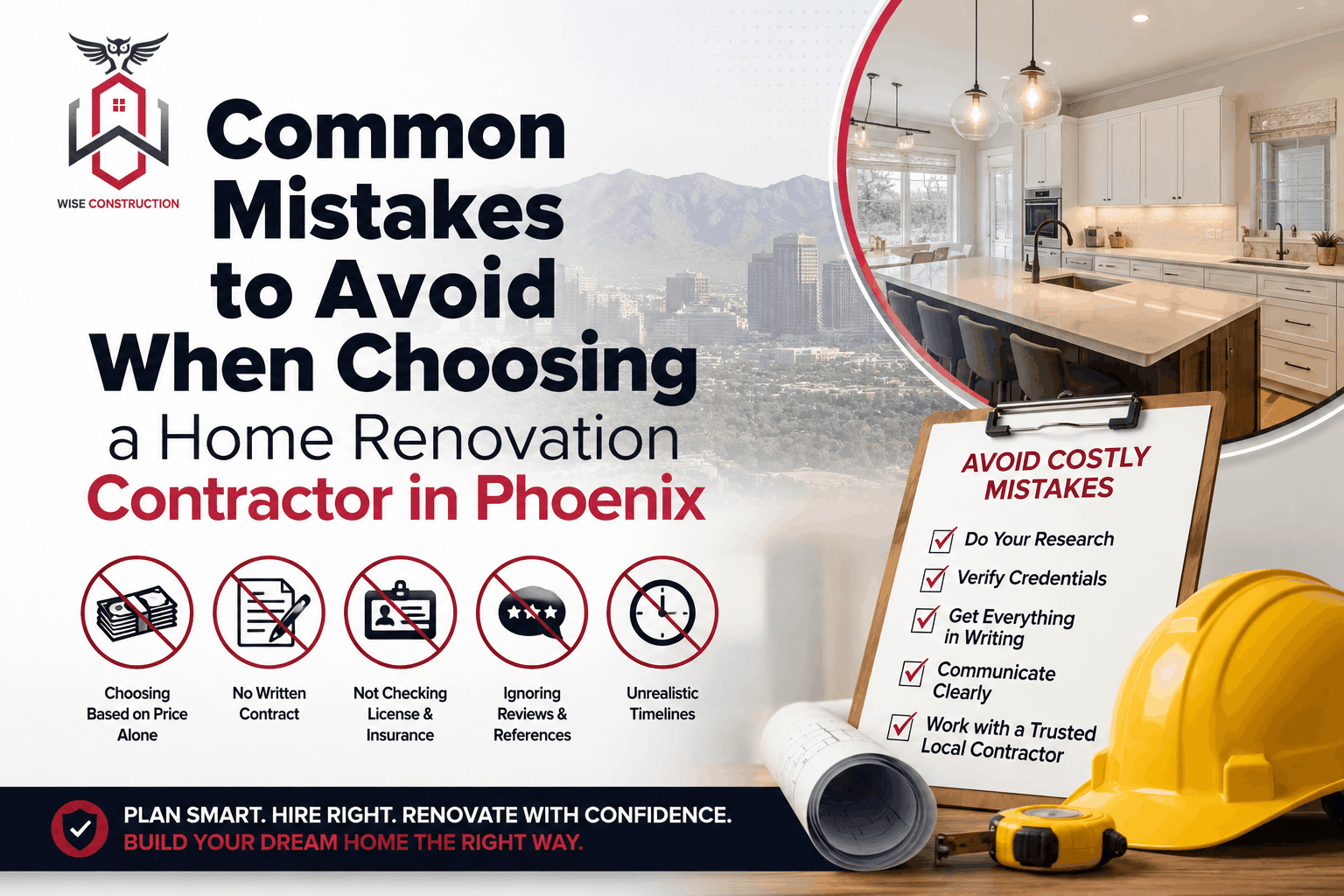 Common Mistakes to Avoid When Choosing a Home Renovation Contractor in Phoenix infographic by Wise Construction featuring contractor hiring tips, kitchen renovation, and home remodeling guidance.